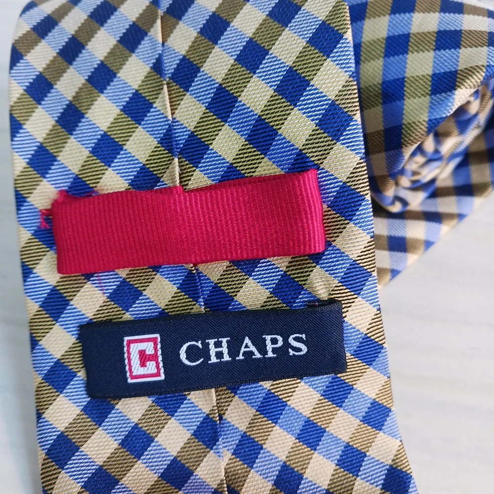CHAPS Blue Yellow Plaid Mens Silk Tie Necktie Y2K